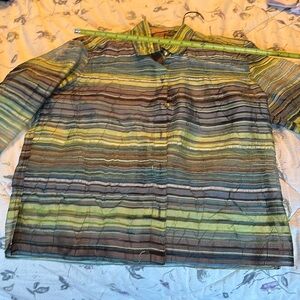 Beautiful sheer petite shirt shoulder to shoulder is 17”, 24” long.